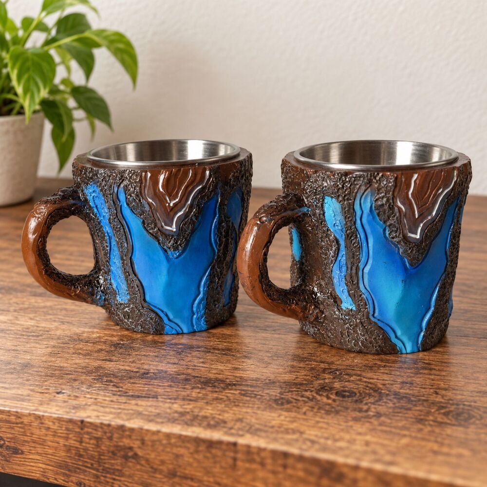 Faux Mineral Crystal Resin Mugs Blue Brown Stainless Steel 6 Oz Set 2 NWOB